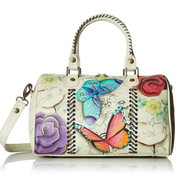 Anuschka Women's Hand-Painted Leather Satchel - Floral Art Double Zip Organizer Bag